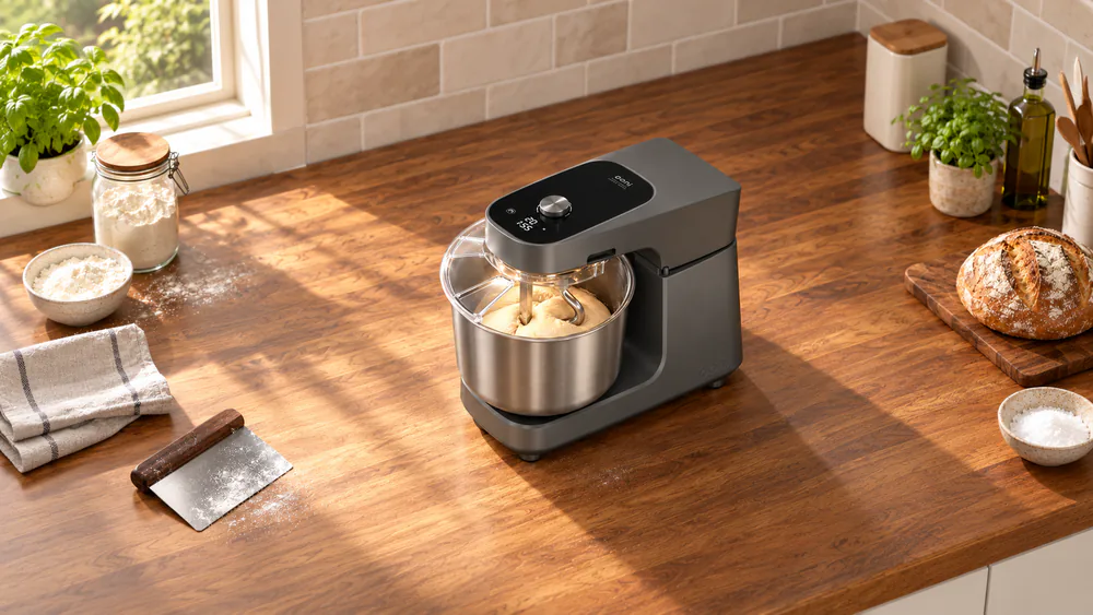 Ooni Halo Pro spiral mixer with its spiral hook and center pole working a large batch of sourdough in the bowl