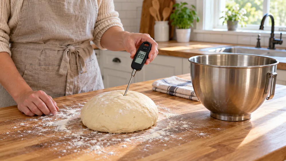 Instant-read thermometer inserted into a kneaded ball of bread dough next to a stand mixer bowl on a kitchen counter
