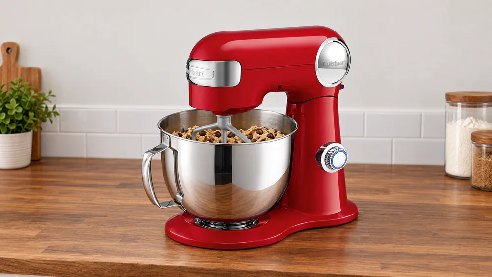 A Cuisinart SM-50 stand mixer with its stainless bowl full of cookie dough and the paddle attachment lowered in
