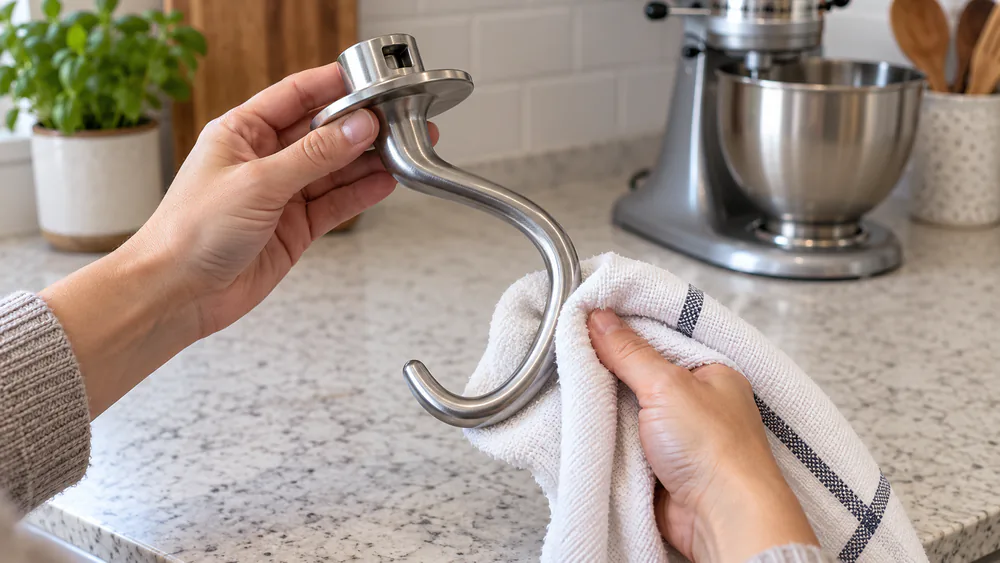 A hand drying a metal dough hook with a clean towel next to a stand mixer on a kitchen counter