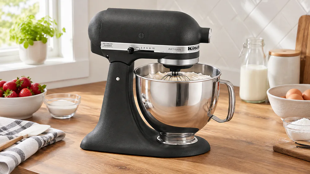 A KitchenAid Artisan 5-quart tilt-head mixer whipping cream in its bowl with the wire whip attached