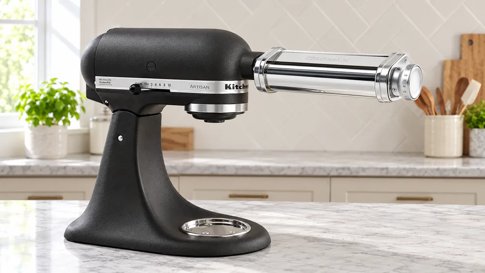 Close-up of a KitchenAid stand mixer attachment hub with a pasta roller attachment fitted to it
