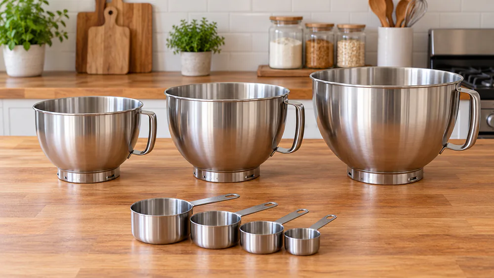 Three stand mixer bowls of different sizes (3.5-quart, 5-quart and 7-quart) lined up on a counter with measuring cups beside them