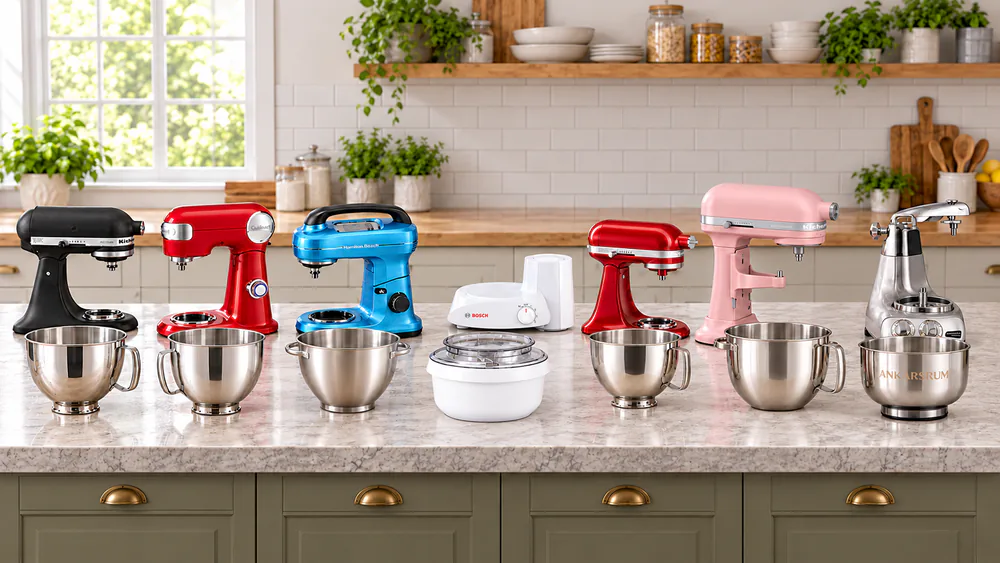 Seven stand mixers lined up on a long kitchen counter, each with a bowl beside it