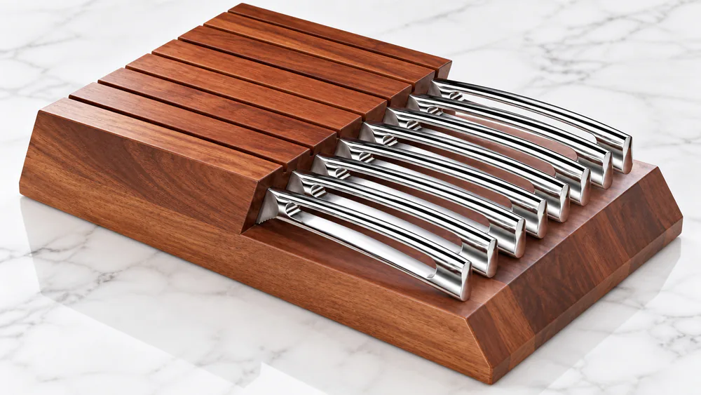 Cangshan N1 steak knives standing in their solid acacia wood counter block.