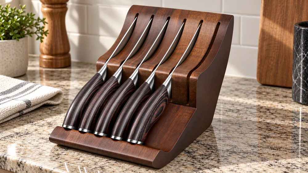 The HOSHANHO six-piece set standing in its wooden block on a kitchen counter.