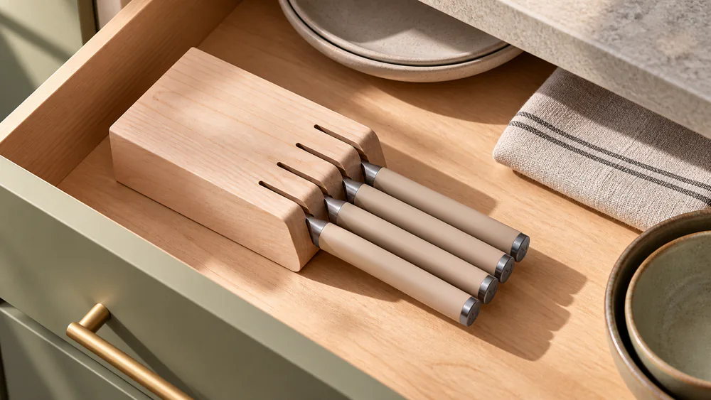 Material Kitchen Table Knives in their low-profile maple drawer block on a kitchen counter.