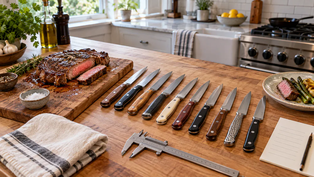 A butcher block holding one knife from each of the ten steak knife sets, beside a ribeye steak with a clean straight slice.