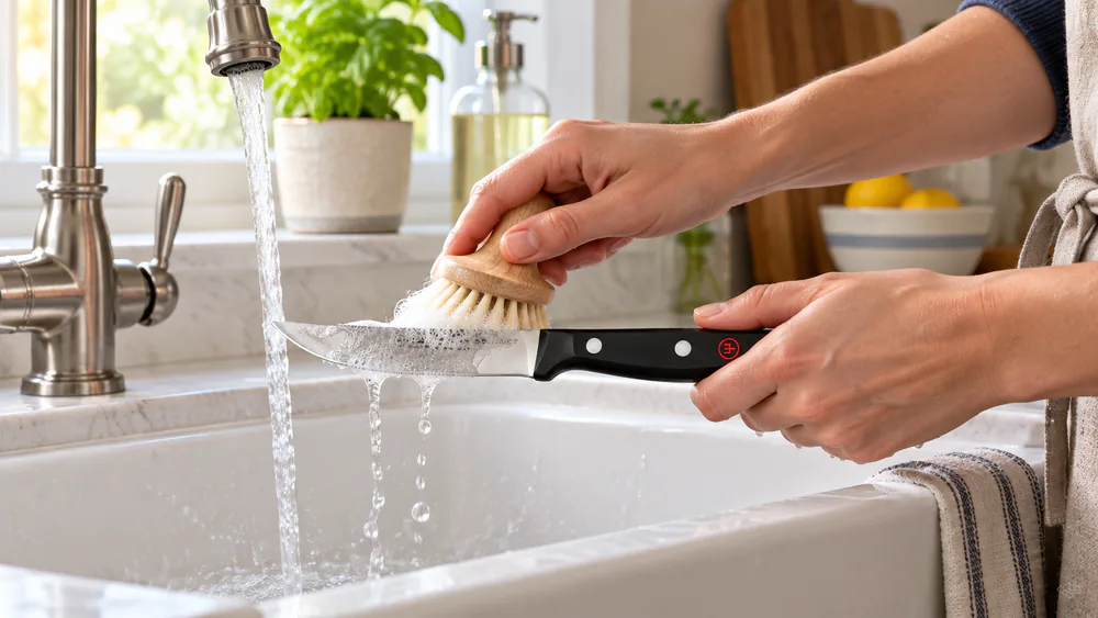 Hands hand-washing a steak knife under warm running water, holding the blade flat and away from the body.