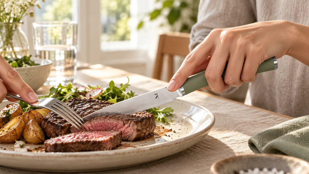 A hand gripping an oval, rivet-free composite steak knife handle while slicing a seared steak.