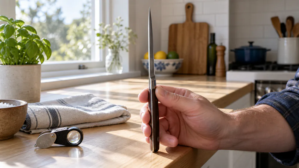 A hand holding a steak knife blade up to the light to check the edge after a cooking session.