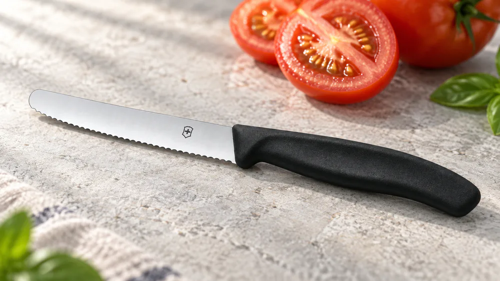 A close-up of a Victorinox Swiss Classic steak knife showing the fine wavy serration along a stainless blade.