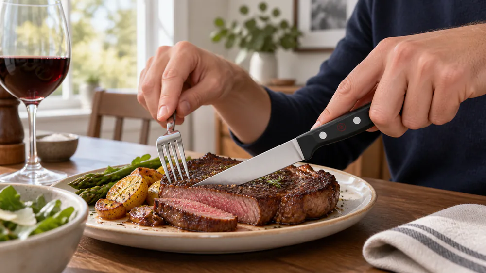 A Wüsthof Gourmet steak knife slicing a thick, seared ribeye on a wooden board, gliding cleanly through the crust.