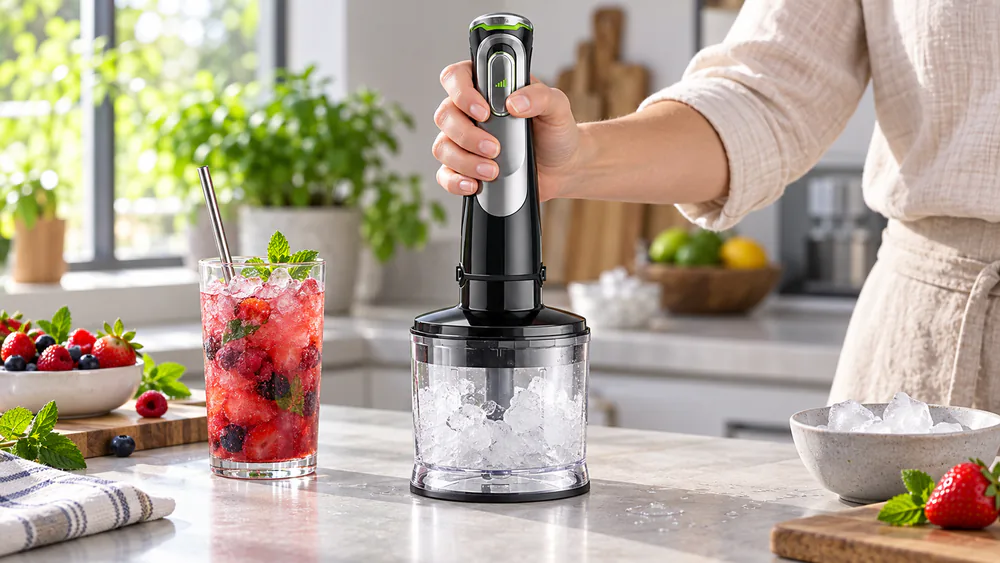 A Braun MultiQuick 9 blending wand beside its 2-cup chopper with the ice crush knife and ice cubes inside.