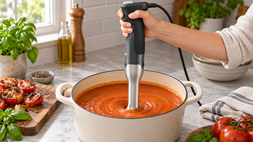 A Breville Control Grip stick blender blending soup directly in a large stainless pot, the bell submerged and a hand on the trigger grip.