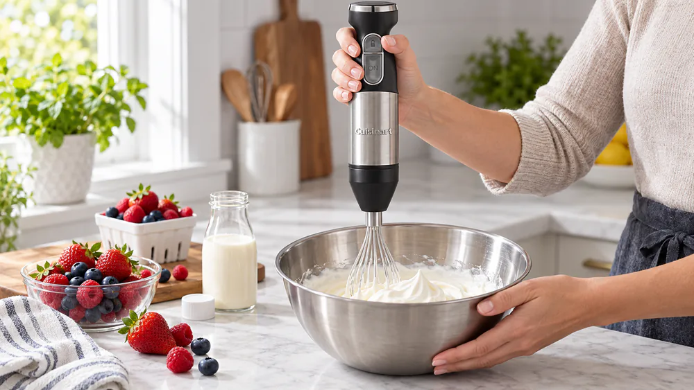 A Cuisinart Smart Stick CSB-179 with the chef's whisk attachment beating cream in a stainless bowl.