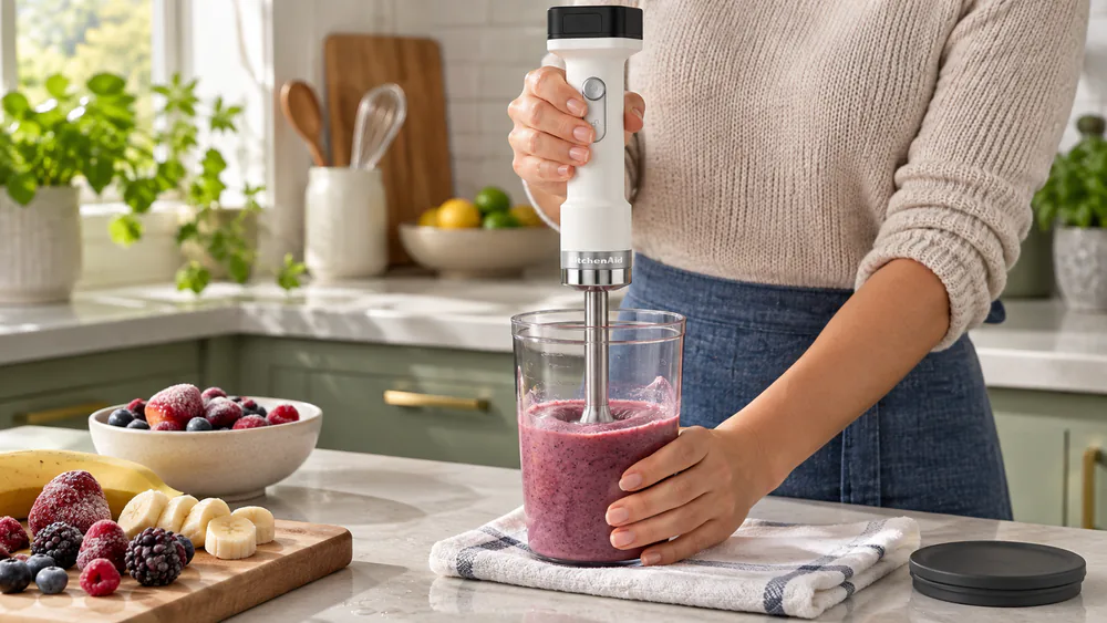 A KitchenAid Go cordless hand blender blending a frozen fruit smoothie in its 3-cup jar, no cord attached.