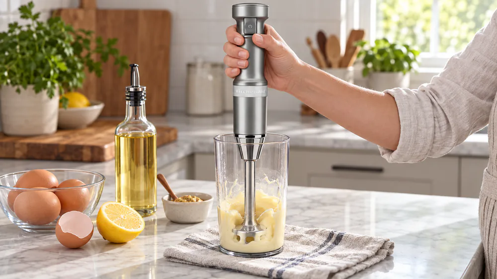 A KitchenAid KHBV53 hand blender with its removable arm resting beside a jar of freshly made mayonnaise.
