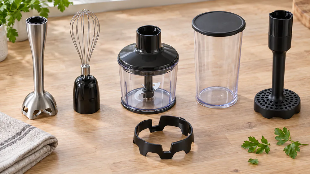 Stick blender attachments laid out on a kitchen towel: a blending wand, a whisk, a chopper bowl with lid, and a measuring cup.