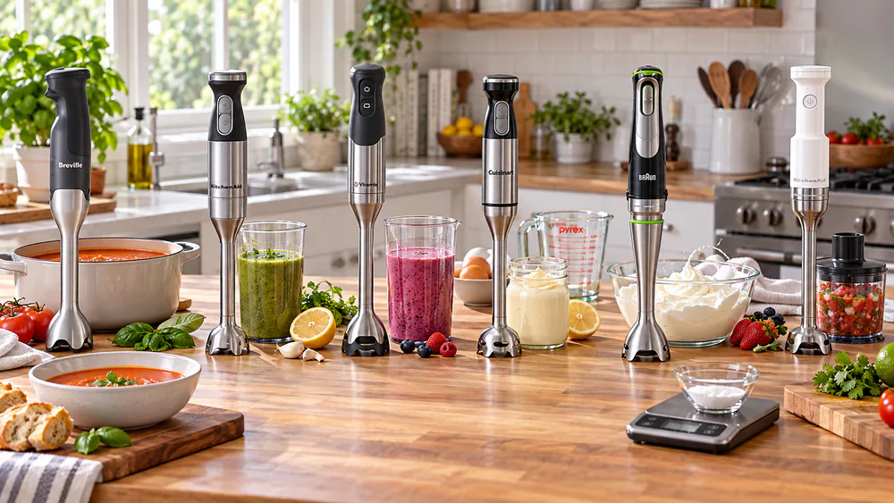A test kitchen counter with stick blender test batches: a banana milkshake in a tall glass, a jar of mayonnaise, and a pot of soup with an immersion blender resting on the lid.