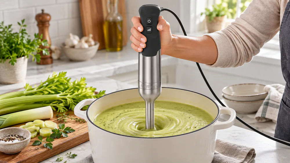 A Vitamix 5-Speed Immersion Blender pureeing a bright green celery soup in a stockpot, one hand on the trigger.