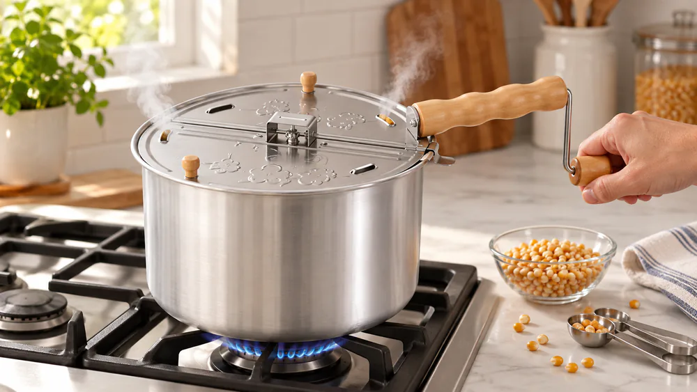 A Cook N Home 6-quart aluminum popper on a stove, lid resting beside it, all-metal gears and wooden handle visible.