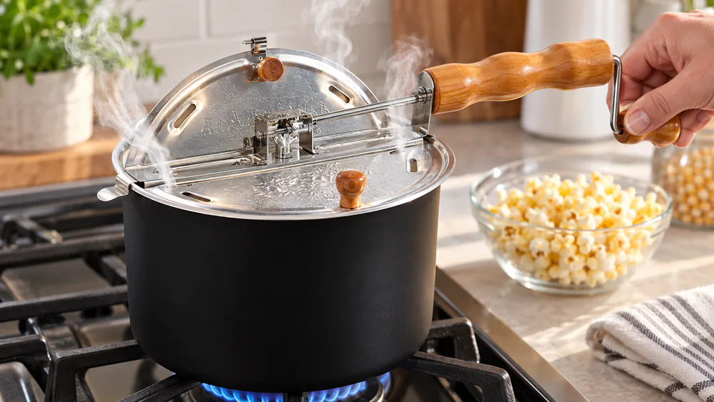 A Franklin's Gourmet aluminum popper on a burner, clip-in lid in place with steam venting through the four lid ports.