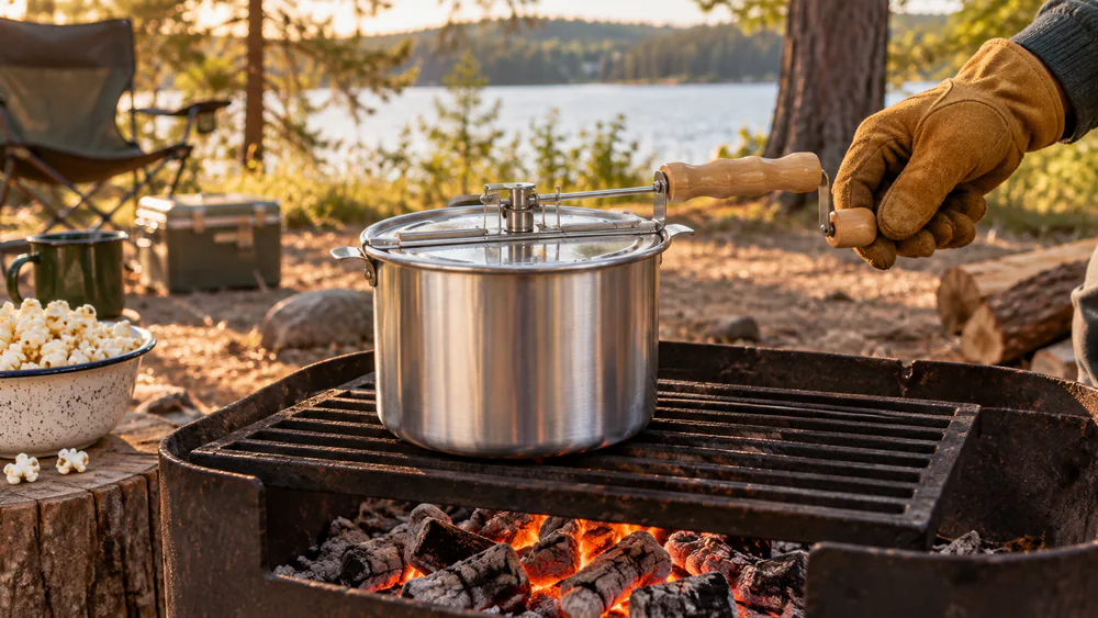 A Great Northern aluminum popper on a campfire grate, wooden handle angled away from the flame.