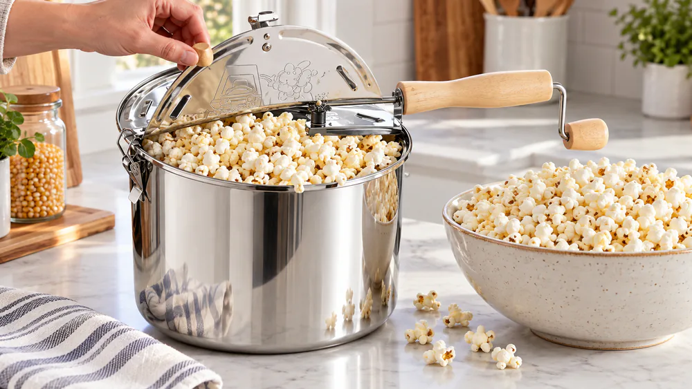A Great Northern 6.5-quart stainless steel popper filled with popped corn on a stovetop, wooden handle and vented lid visible.