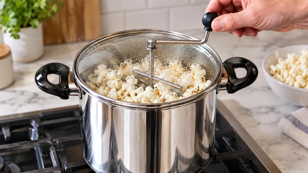A Lehman's gearless stainless popper with its glass lid showing condensation, on a compact induction cooktop.