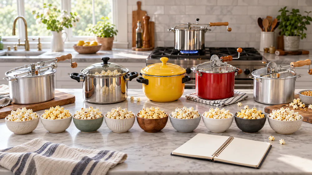 A stovetop popcorn popper with its lid slightly ajar mid-batch on a gas burner, steam rising from the vented lid while kernels pop.
