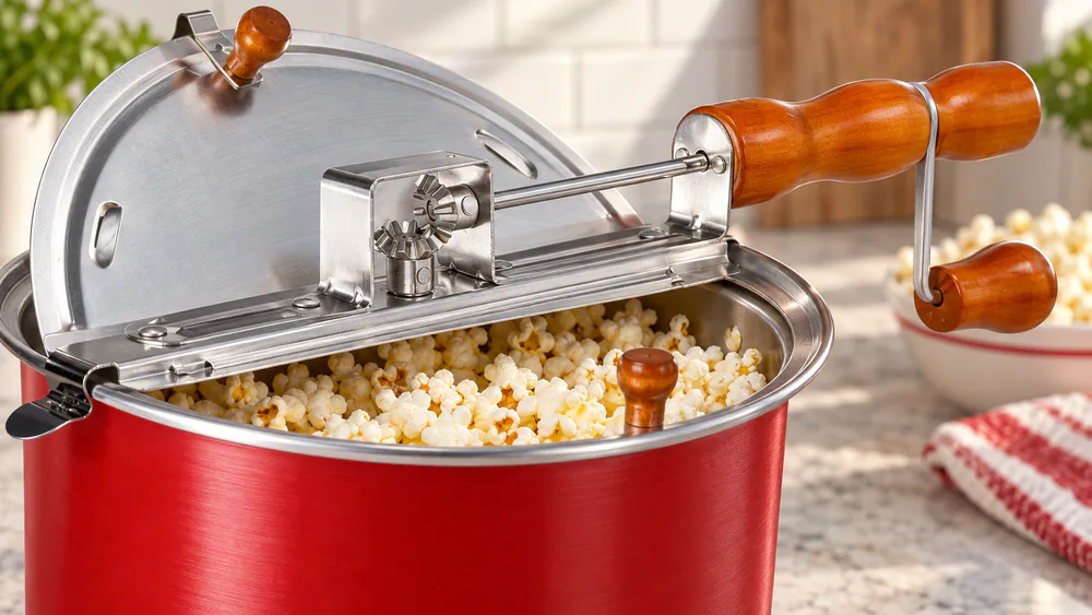 A red Whirley Pop with metal gears on a stovetop, crank turned to show the metal gear mechanism.