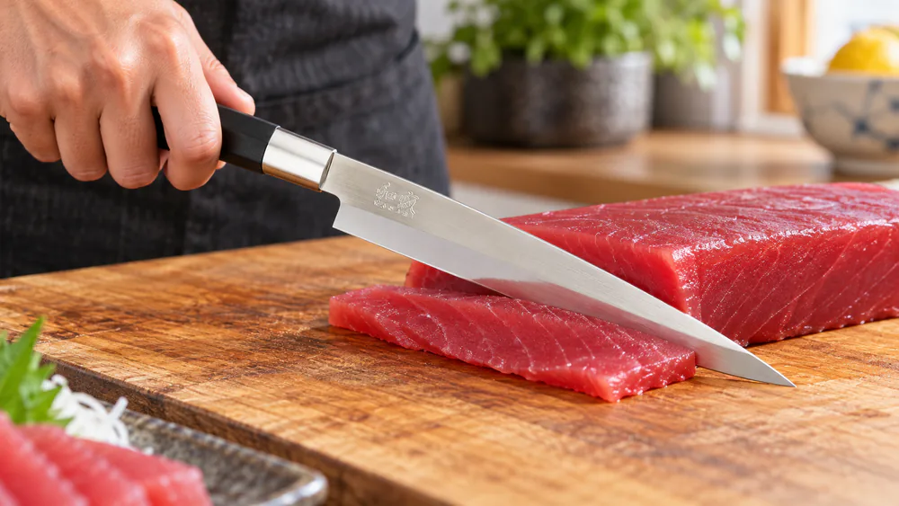 The Kai Wasabi Black yanagiba slicing a thin ribbon of raw fish, D-shaped handle visible.