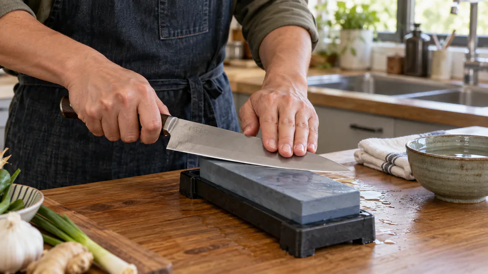 A hand running a sushi knife edge along a whetstone, with a towel and food-grade mineral oil nearby.