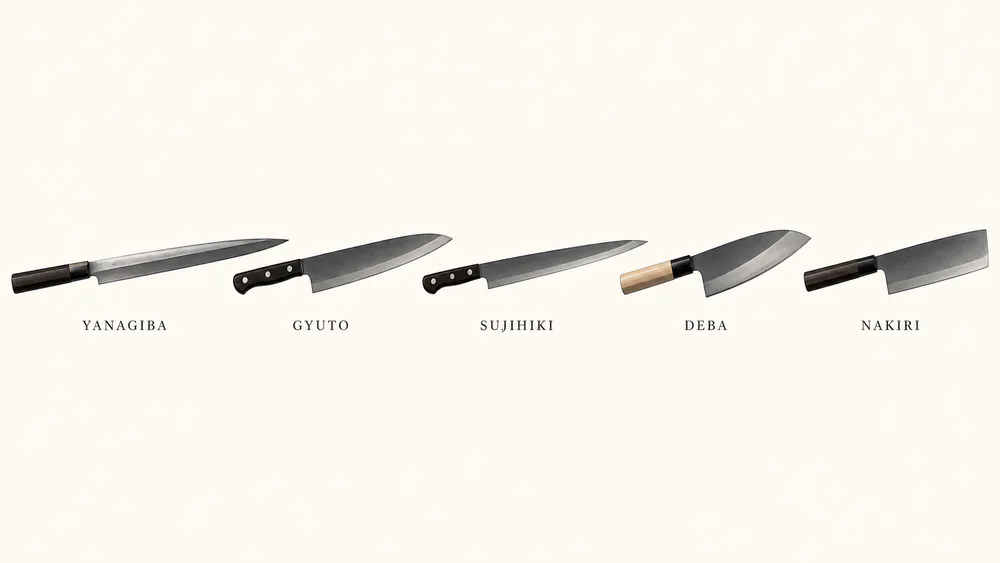 Diagram of Japanese knife blade shapes labeled by type: yanagiba, gyuto, sujihiki, deba, and nakiri.