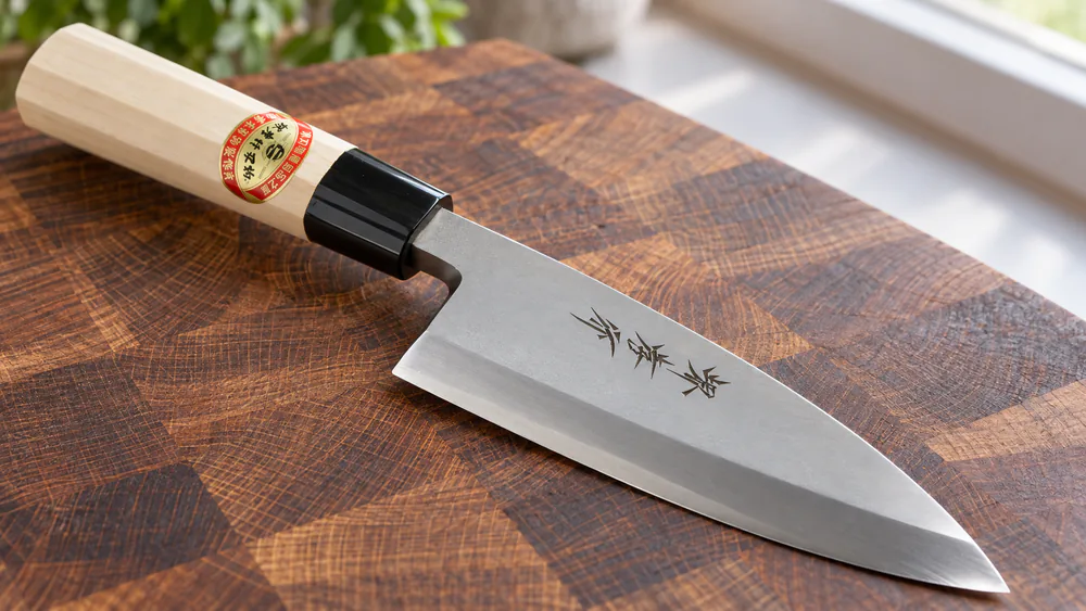 The Sakai Takayuki deba showing its thick spine, ho-wood handle and horn ferrule.