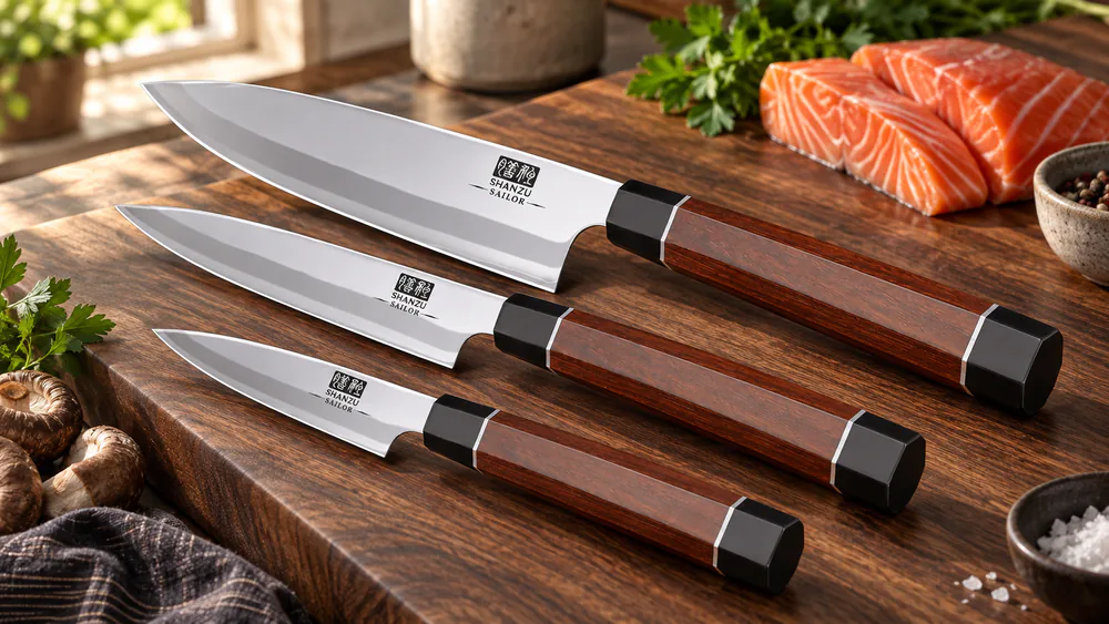 The SHAN ZU three-piece set with octagonal red sandalwood handles.