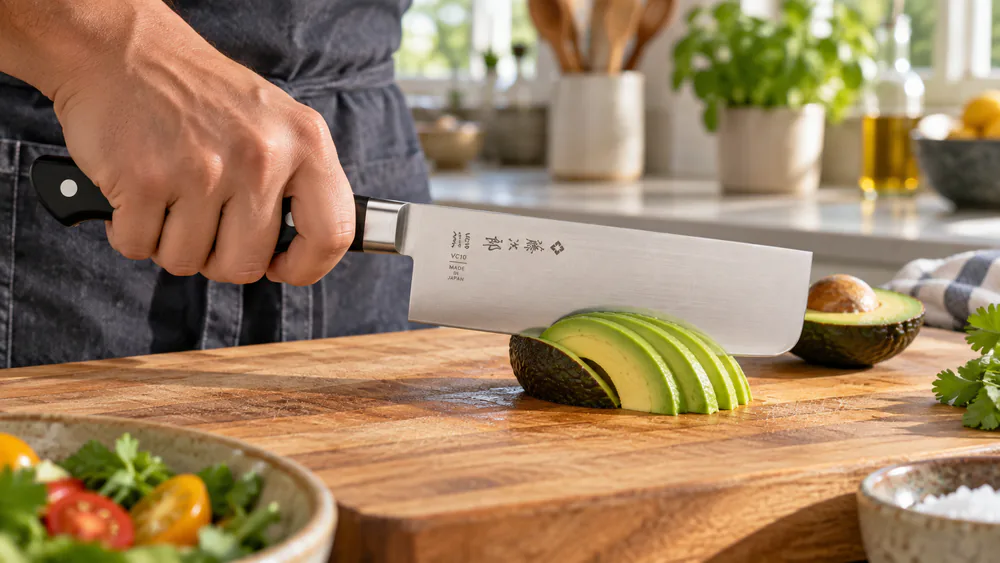 The tall rectangular Tojiro DP nakiri blade push-cutting through an avocado half.