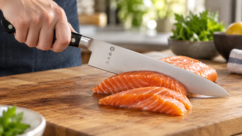 The Tojiro Fujitora gyuto slicing a salmon fillet on a cutting board in a single clean stroke.