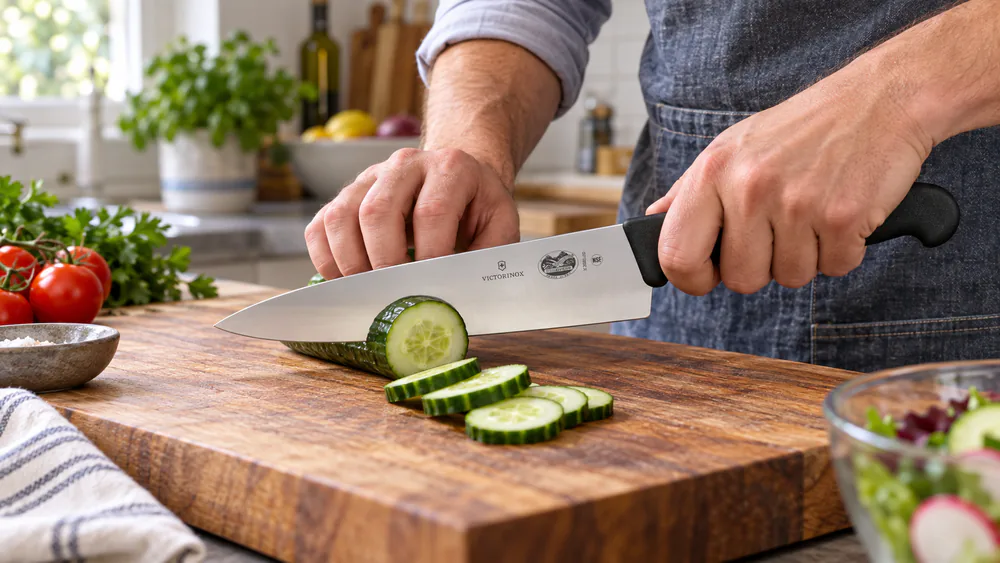 The Victorinox Fibrox Pro mid-slice through a cucumber, textured non-slip handle visible.