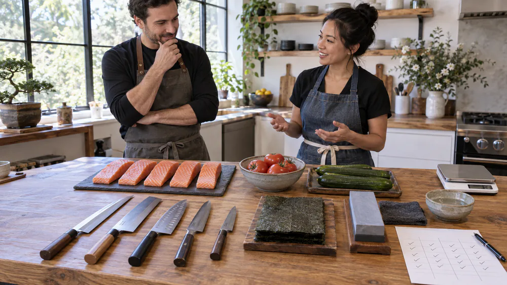 A row of ten sushi knives laid out on a wooden cutting board in a test kitchen, with raw fish fillets and tuna blocks ready for slicing.