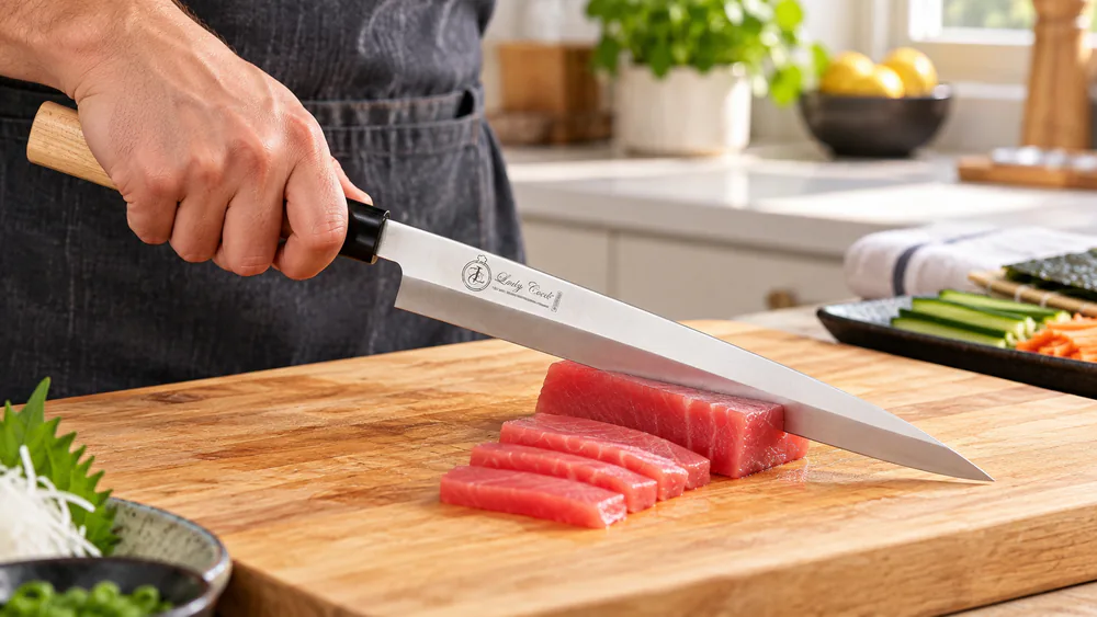 A Lucky Cook sashimi knife mincing a block of raw tuna on a cutting board for sushi rolls.