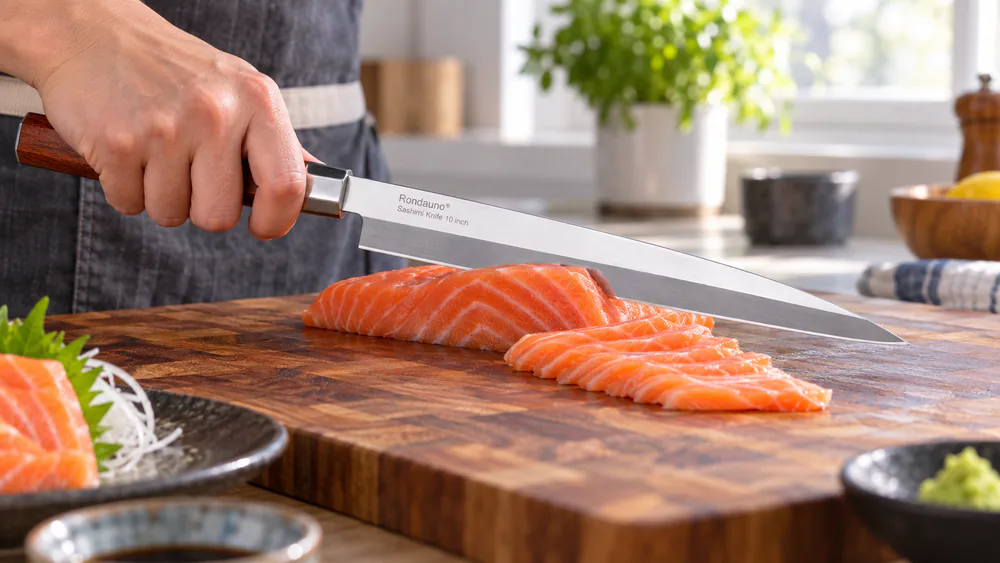 A Rondauno yanagiba cutting thin slices of sashimi at a home kitchen counter, red sandalwood handle.