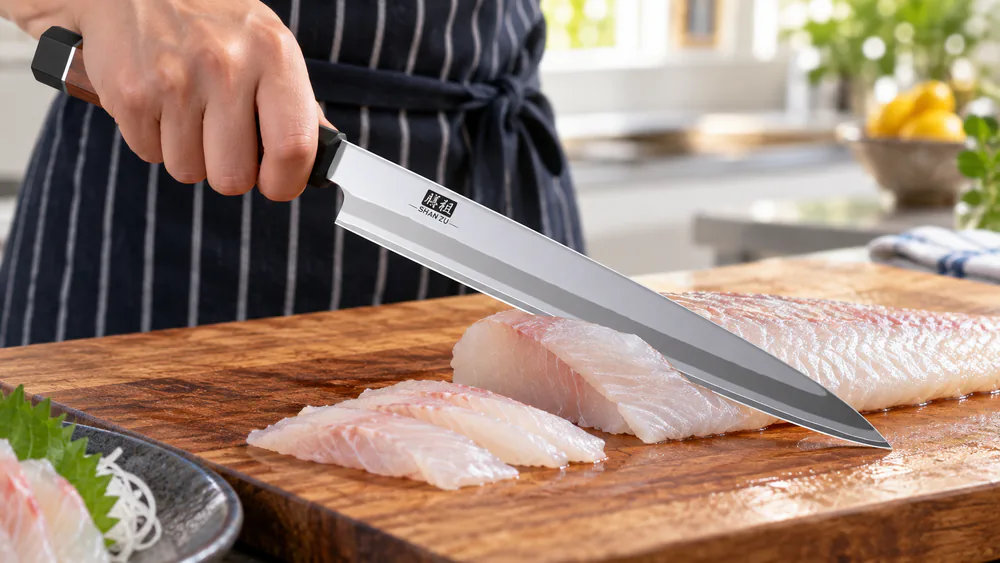 A SHAN ZU sushi knife slicing a white fish fillet, matte-finished blade and octagonal sandalwood handle visible.