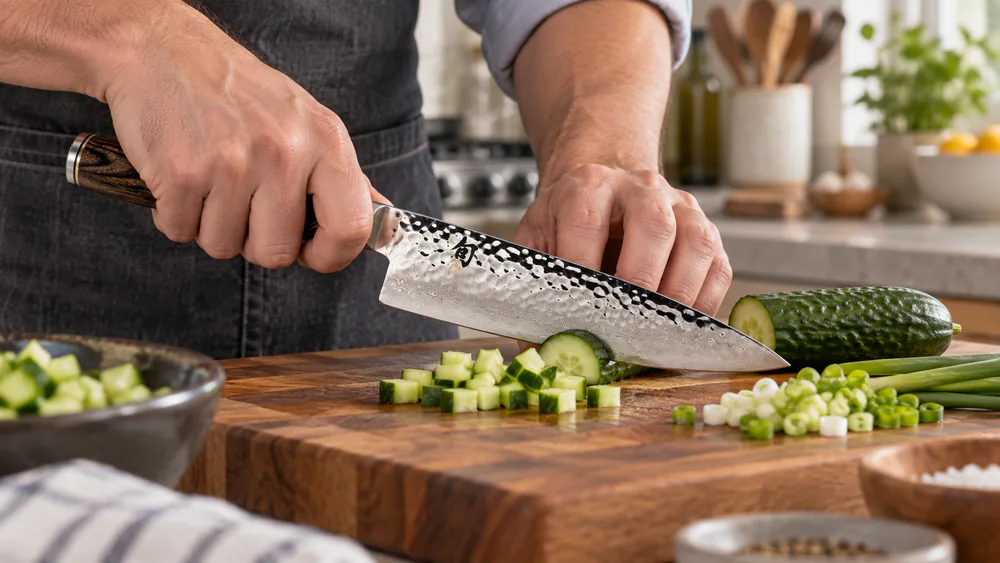 A Shun Premier chef's knife dicing vegetables on a weeknight, hammered tsuchime finish on the blade.