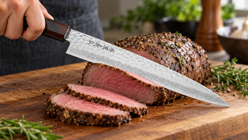 A Yoshihiro hammered Damascus sujihiki slicing a large piece of meat in one long draw, magnolia saya on the counter.