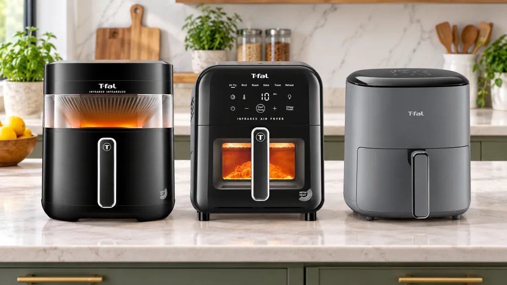 The T-fal Infrared 7.3 qt, Infrared 6.3 qt and Easy Fry Max 5.3 qt air fryers side by side on a kitchen counter to show their relative footprints