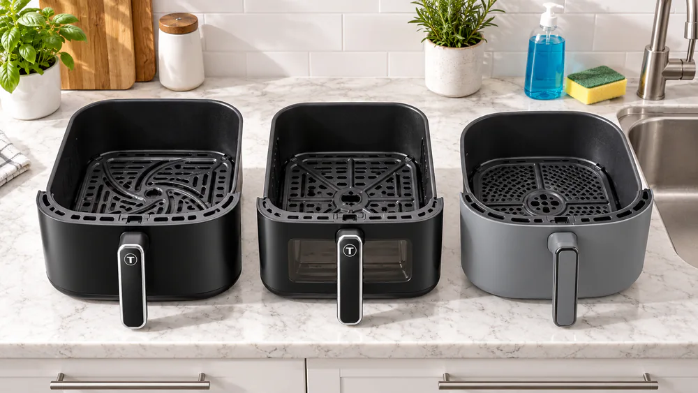 Three T-fal baskets beside a sink with a soft sponge and dish soap