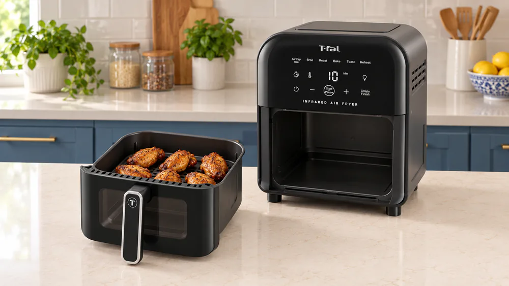 Crisp chicken wings in the basket of a T-fal Infrared 6.3 qt air fryer after a Crispy Finish cycle