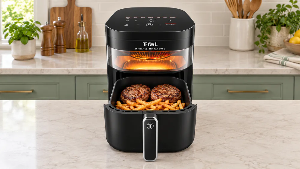 A T-fal Infrared 7.3 qt air fryer drawer pulled open on a kitchen counter, loaded with burgers and fries in front of the lit upper viewing window